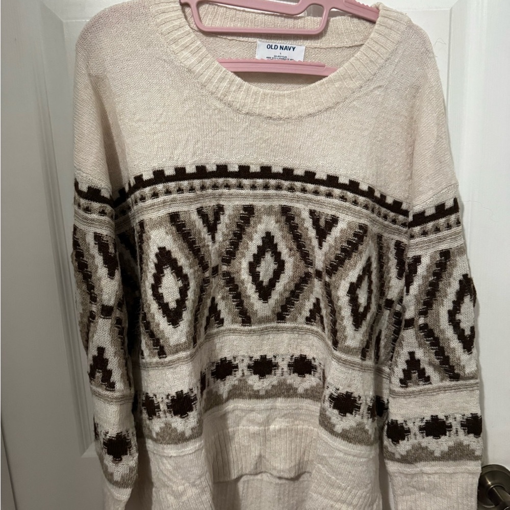 Old Navy Cream Sweater with Brown Aztec Motif